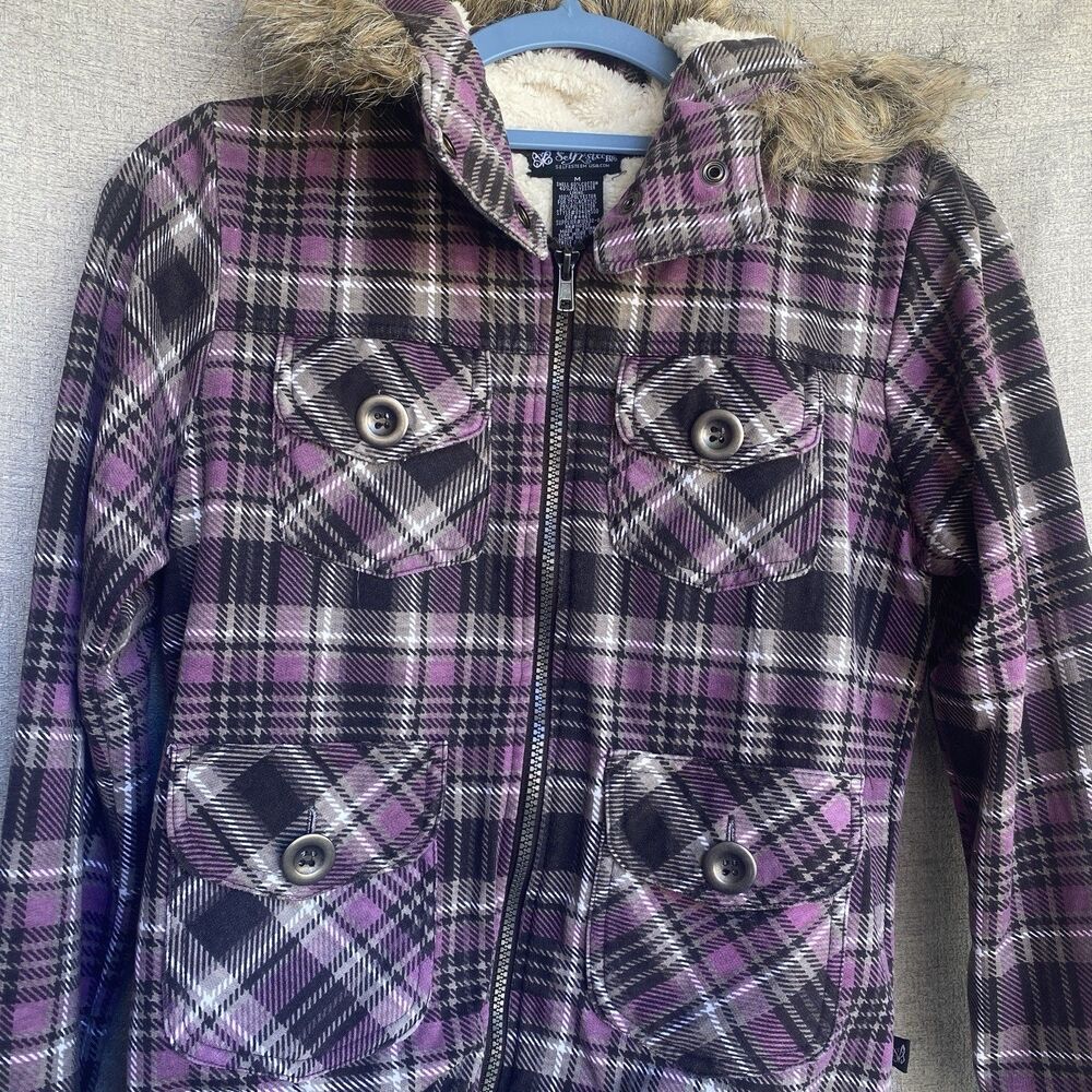 Y2K Self Esteem USA Jacket M Purple Plaid Faux Fur Zip McBling Mall Girl Hoodie